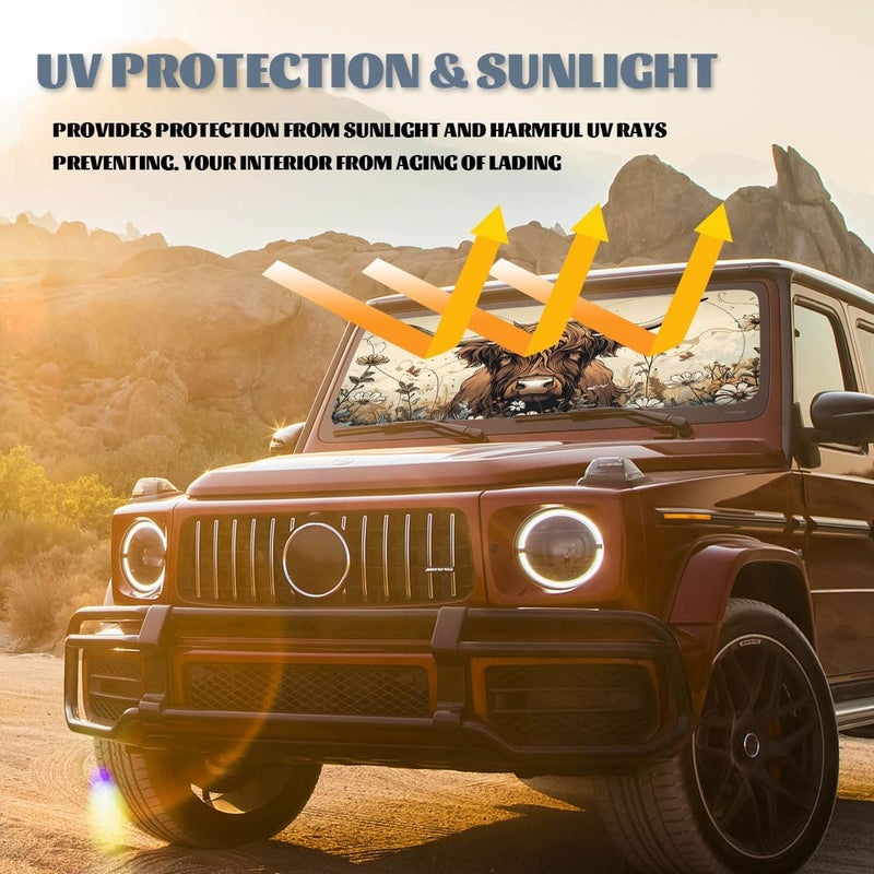 Qoueucc Highland Cow Car Front Window Sun Shield Flowers Funny Animal Heatshield Front Window Car Sun ​Shade Windshield Rays Sun Shade Visor Protector for Car Sedan Truck SUV Accessories 59" L x 31.5" W - Image 5